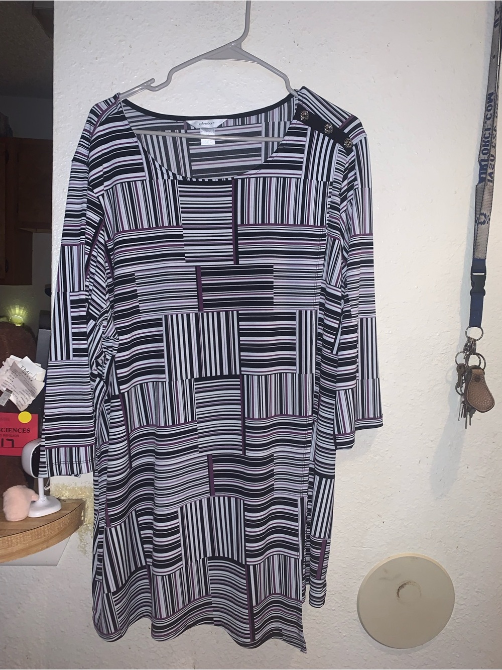 CJ Banks Black and White Striped Geometric Blouse with Purple Accents